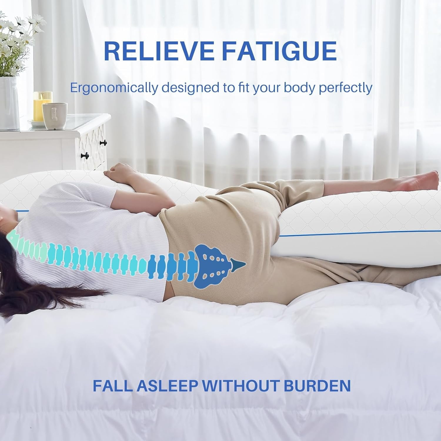 Long Body Pillow for Adults - Firm Insert with Shredded White Memory Foam, Adjustable Height, Soft Support Side Sleeping, Pregnant Women, Washable (White, 20x54 Inch)