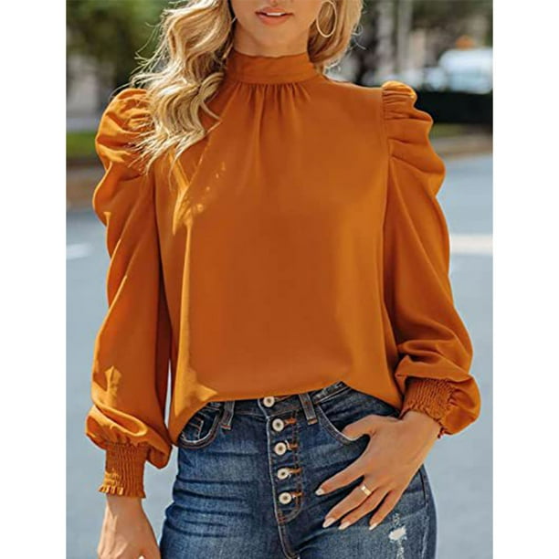 Pure Color High Neck Blouse For Work Women Stylish High Neck Blouse Long Puff Sleeves Elastic Cuffs Elegant Shirt Pullover Fashionable Loose Casual