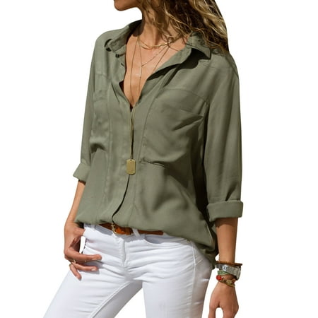 - ReliMart Women Lapel Collar Long Sleeve Front Pockets Button Down Solid Shirt