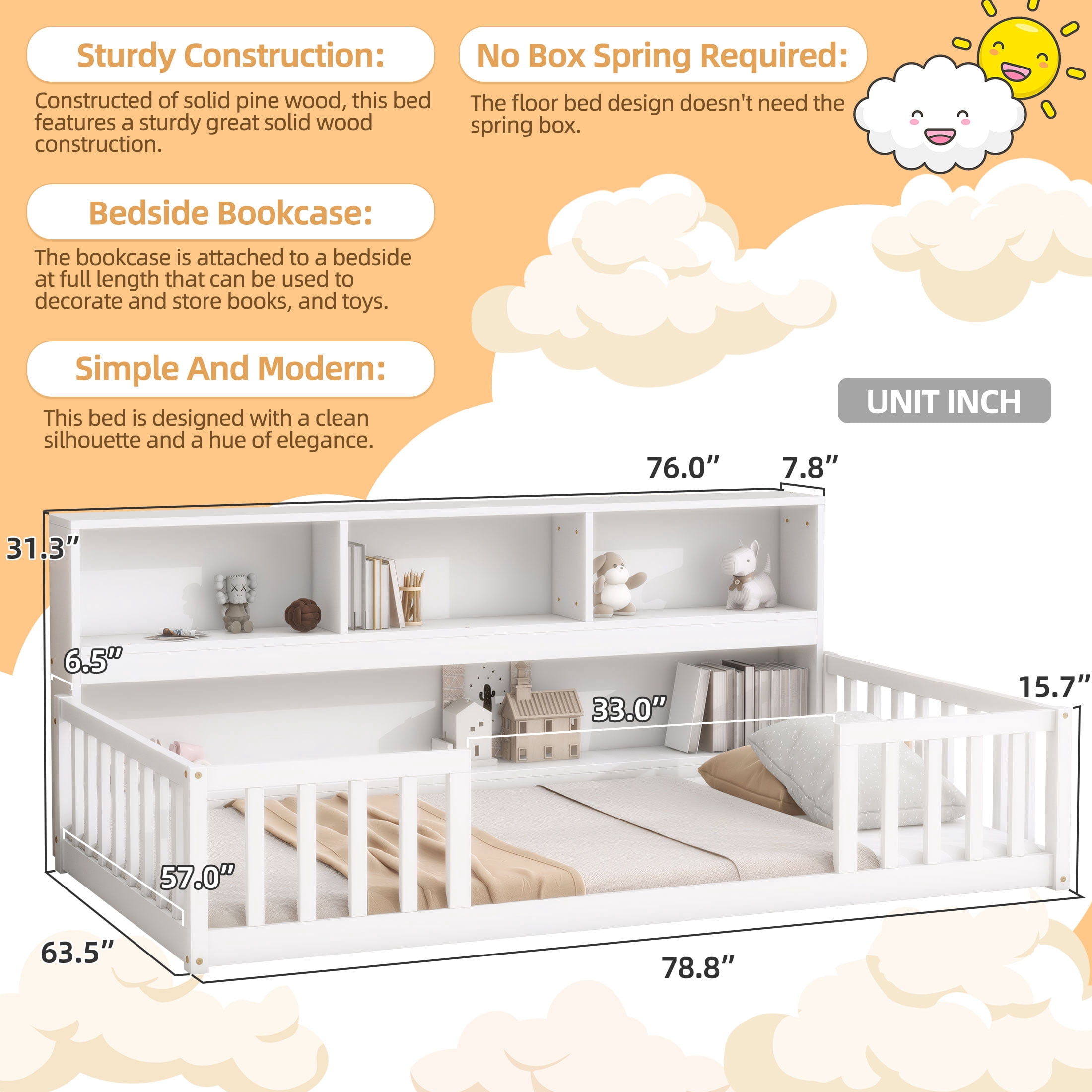 PORKISS Full Floor Bed Frame with Bookcase and Fence, Wood Kids Floor Bed with Storage Shelves, Montessori Bed, White