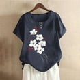 thumbnail image 2 of Dazajoo Floral Linen Tops for Women Casual Short Sleeve Summer Shirts Round Neck Lightweight Cotton Blouses,Navy,M, 2 of 5