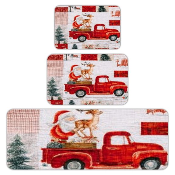 RKSupls Kitchen Rug Set 3 Piece Anti-Slip Flannel Floor Mats, Santa Truck Patchwork Washable Absorbent Runner Mats for Kitchen Bathroom Home Decor