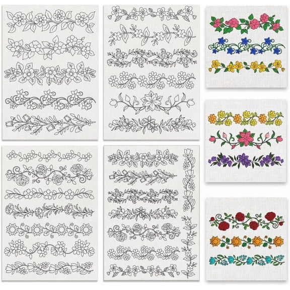 4 Style 27Pcs Flower Border Water Soluble Hand Sewing Stabilizers Long Rattan Flowers Tear Away Water Soluble Embroidery Patterns for Carves Shirts Coats Bags Towels for DIY