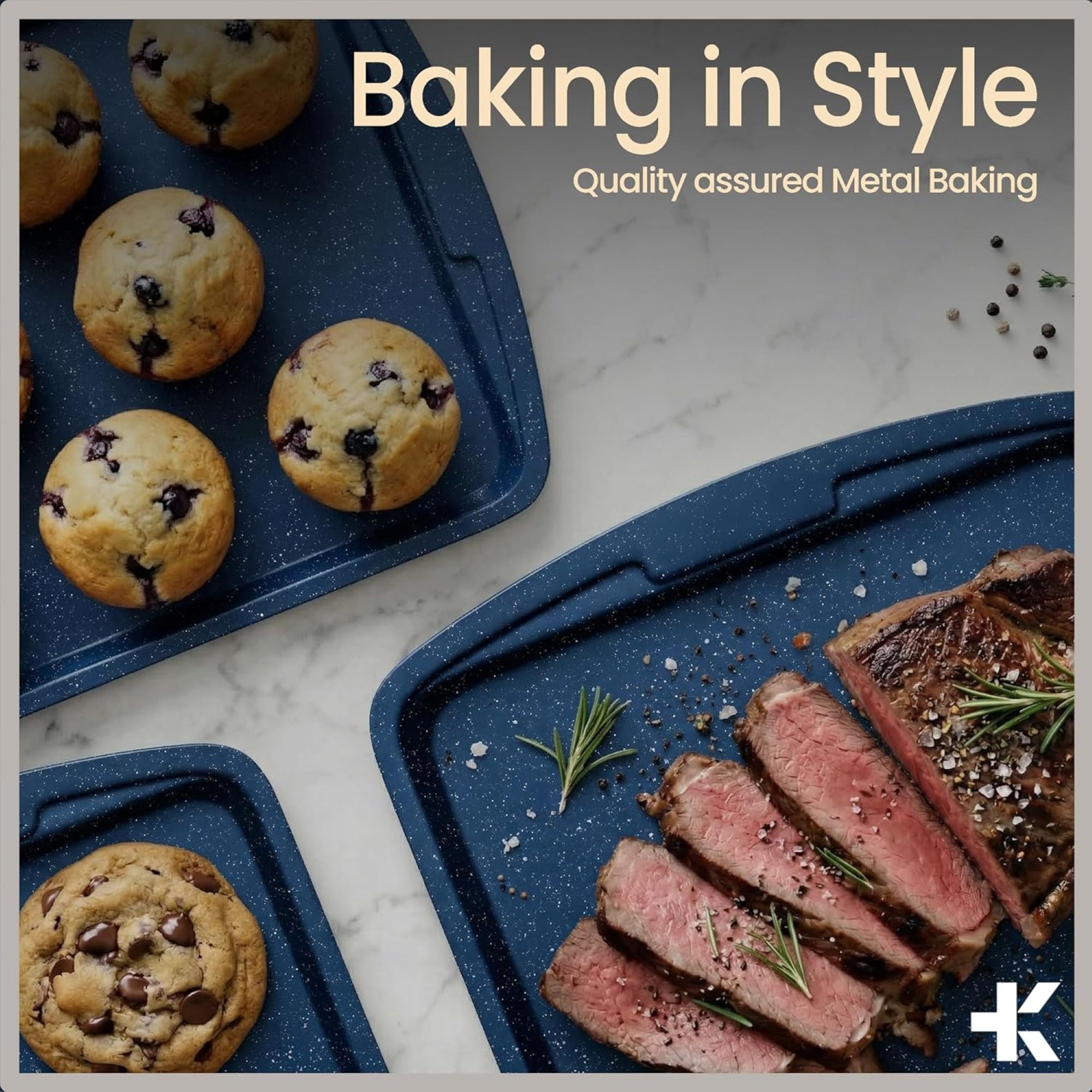 Bakken- Swiss Kitchen Baking Pan Set - Nonstick Blue Marble Coating, Commercial Grade Carbon Steel, Baking Kitchen Essentials, Oven Safe Tray (Up To 450° F), Set of 6