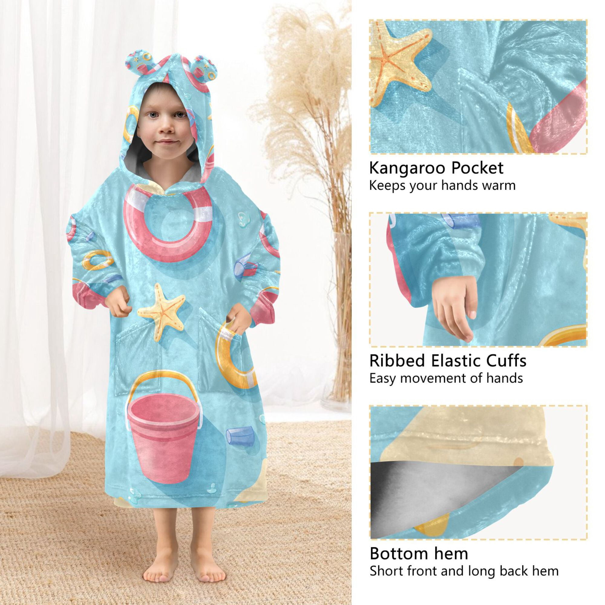 FORMRS Wearable Blanket Hoodie with Sleeves for Kids Cozy Flannel Sweatshirt, Pink Beach Toys Pattern