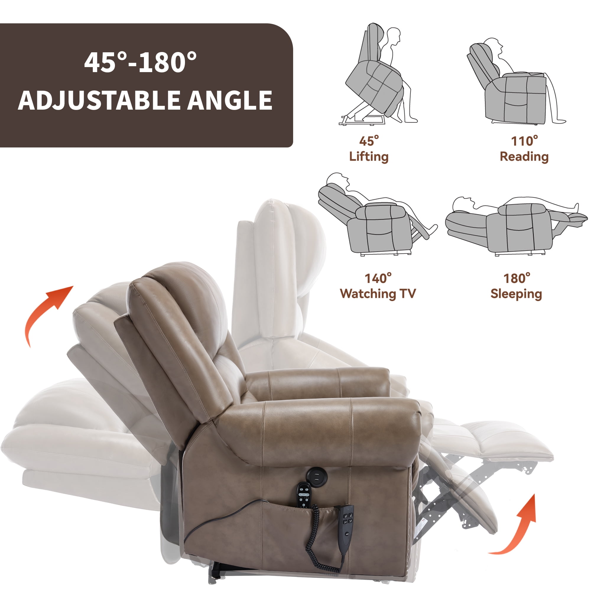 Alvantor Power Lift Recliner Chair for Elderly with Massage and Heat, Leather Lift Recliners Chair with USB Ports Brown