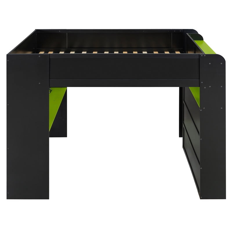 Full Size Wood Loft Bed with Desk, Wardrobe and Storage, Height Adjustable Gaming Loft Bed with USB Charging Port, RGB LED Light Strip, PC Tower Space and Shelves for Bedroom