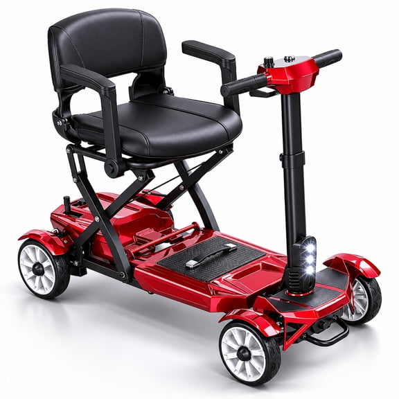 Mobigogo Lightweight Mobility Scooter for Seniors & Adults, 4-Wheel Foldable Travel Scooter 52lb, Airline Approved Portable Electric Scooter with Removable Battery, 300lb Capacity, Red