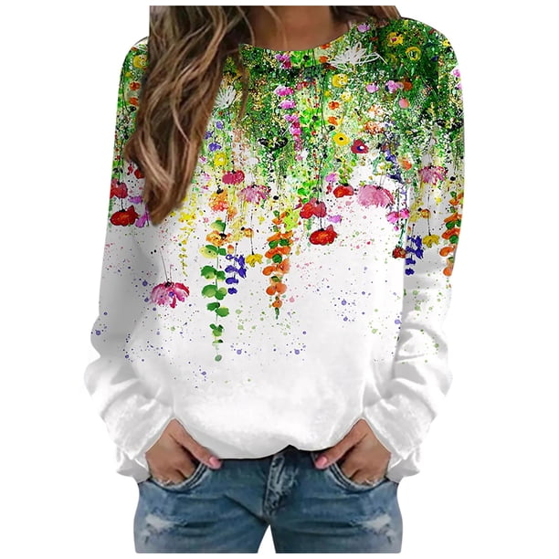 Sudadera de manga larga con estampado de cuello redondo para mujer Blusa informal Tops Pompotops gfhjh3334