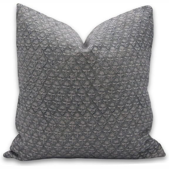 Fabdivine Block Print Throw Pillow Cover, 20x20 Inch Thick Linen Handmade Cushion Cover, Floral Print Boho Design Gray Pillow Cover for Sofa and Couch