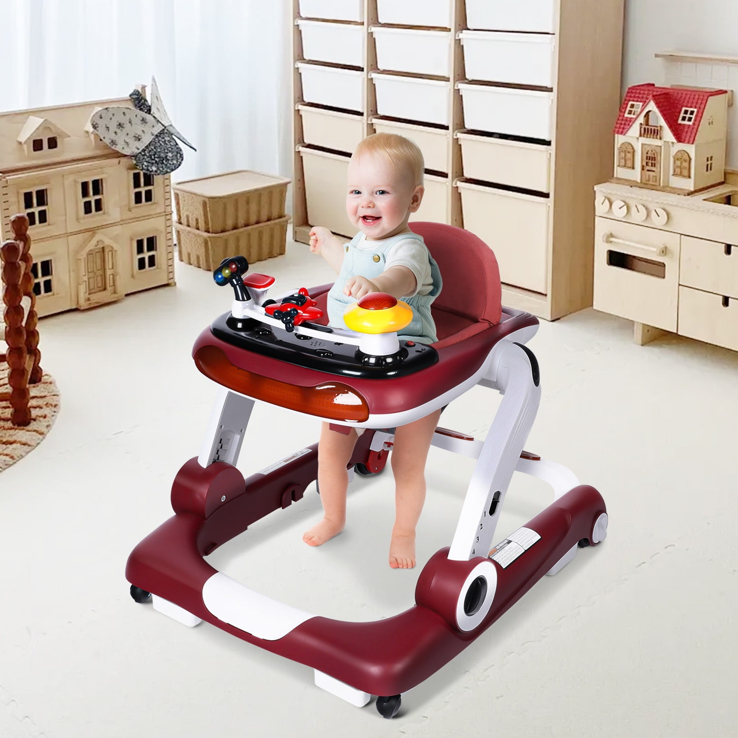 LINLUX Baby Walker w/ Music & Lights, Toddler Activity Walker w/ Seat, Red