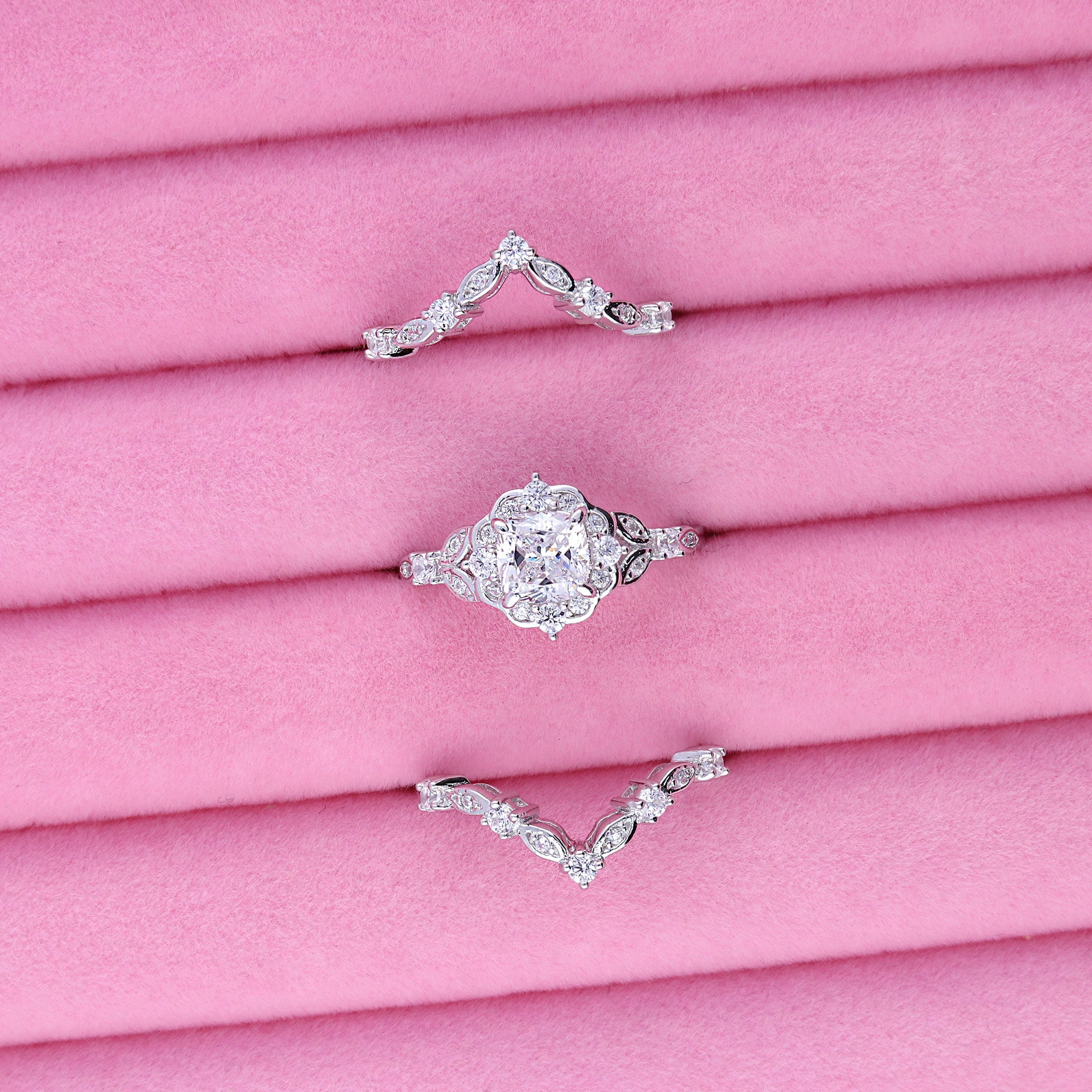 BERRICLE Sterling Silver Halo Wedding Engagement Rings Cushion Cut Cubic Zirconia CZ Wishbone Ring Set for Women, Rhodium Plated Size 10