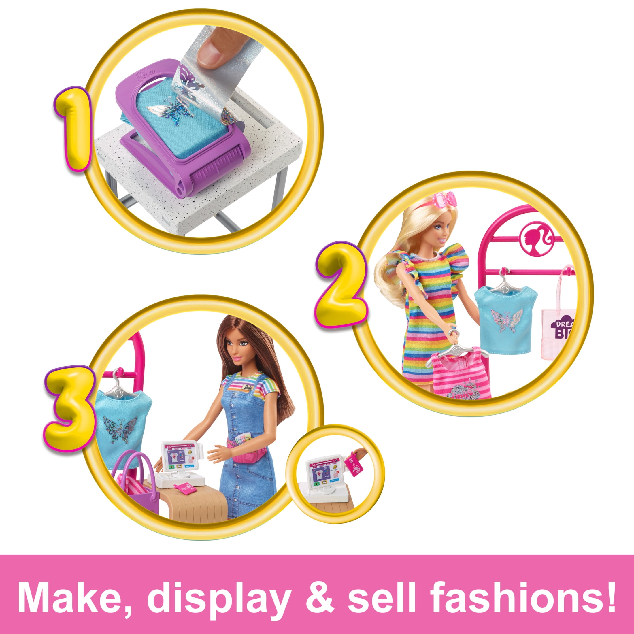 Barbie Make & Sell Boutique Playset with Brunette Doll, Foil Design Tools, Clothes & Accessories