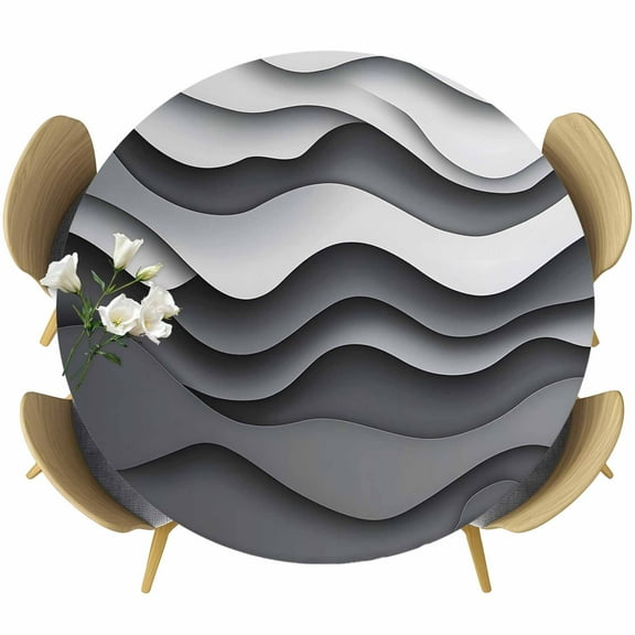 Black Gray Ombre Round Tablecloth 45-54 Inch Round Fitted Table Cloth with Elastic Edge, Modern Abstract Art Geometric Moire Waterproof Table Cover Protector for Outdoor Picnic Party Dining