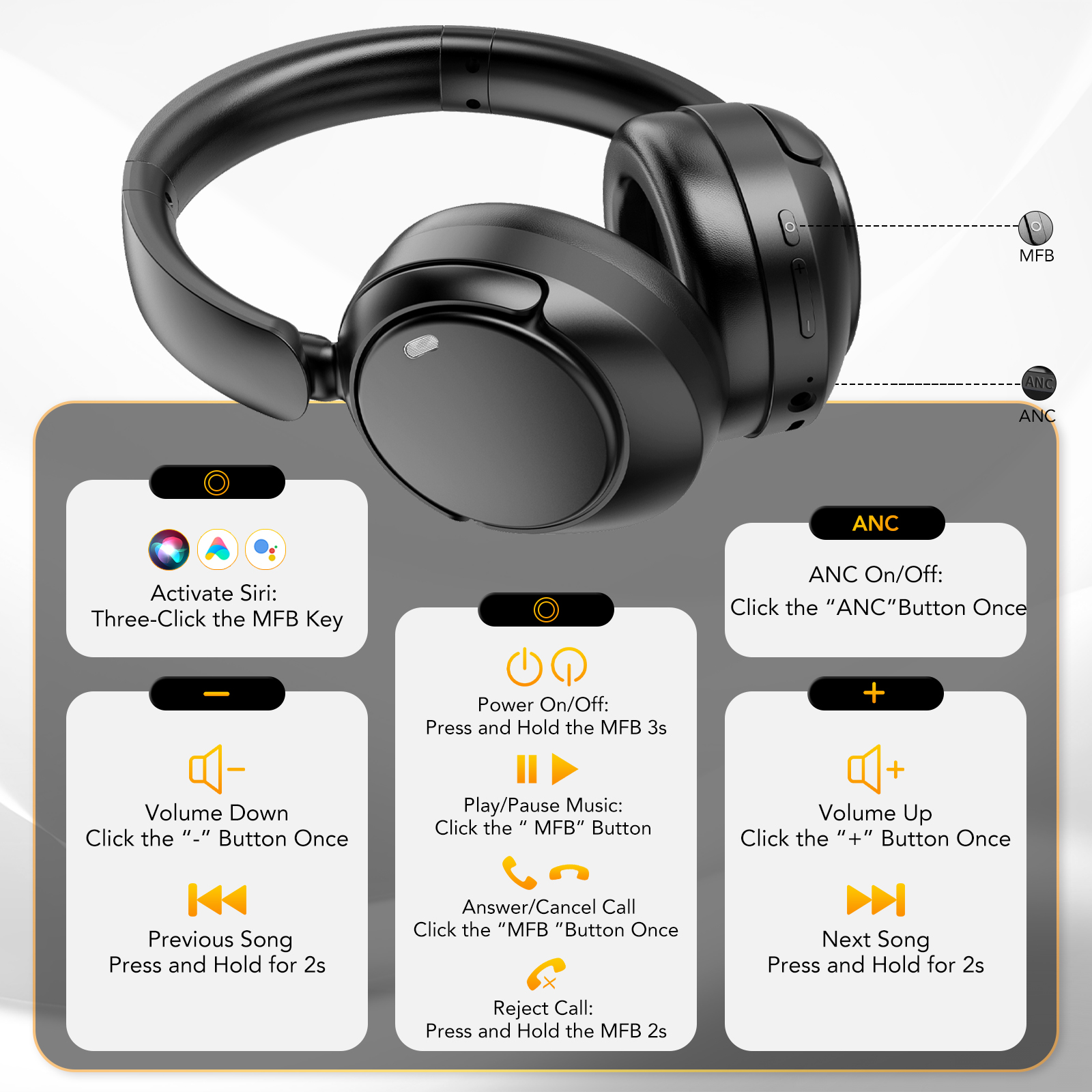 IKT Hybrid Active Noise Cancelling Over-Ear Headphones, Black photo 5