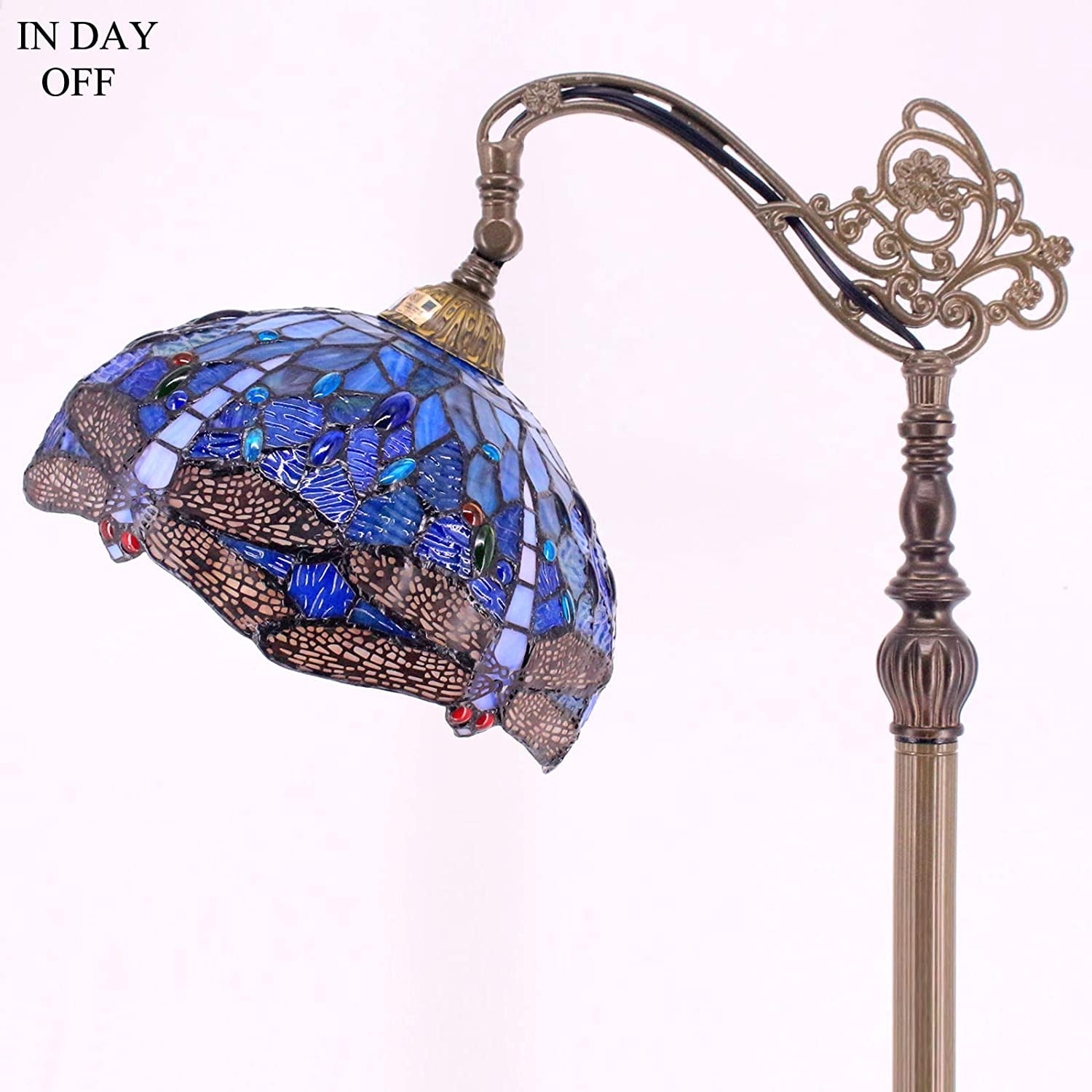 Tiffany Floor Lamp 64"Tall Industrial Pole Vintage Boho Blue Stained Glass Dragonfly Standing Corner Bright Reading Light LED Arched Gooseneck Adjustable Living Room Kids Bedroom Farmhouse