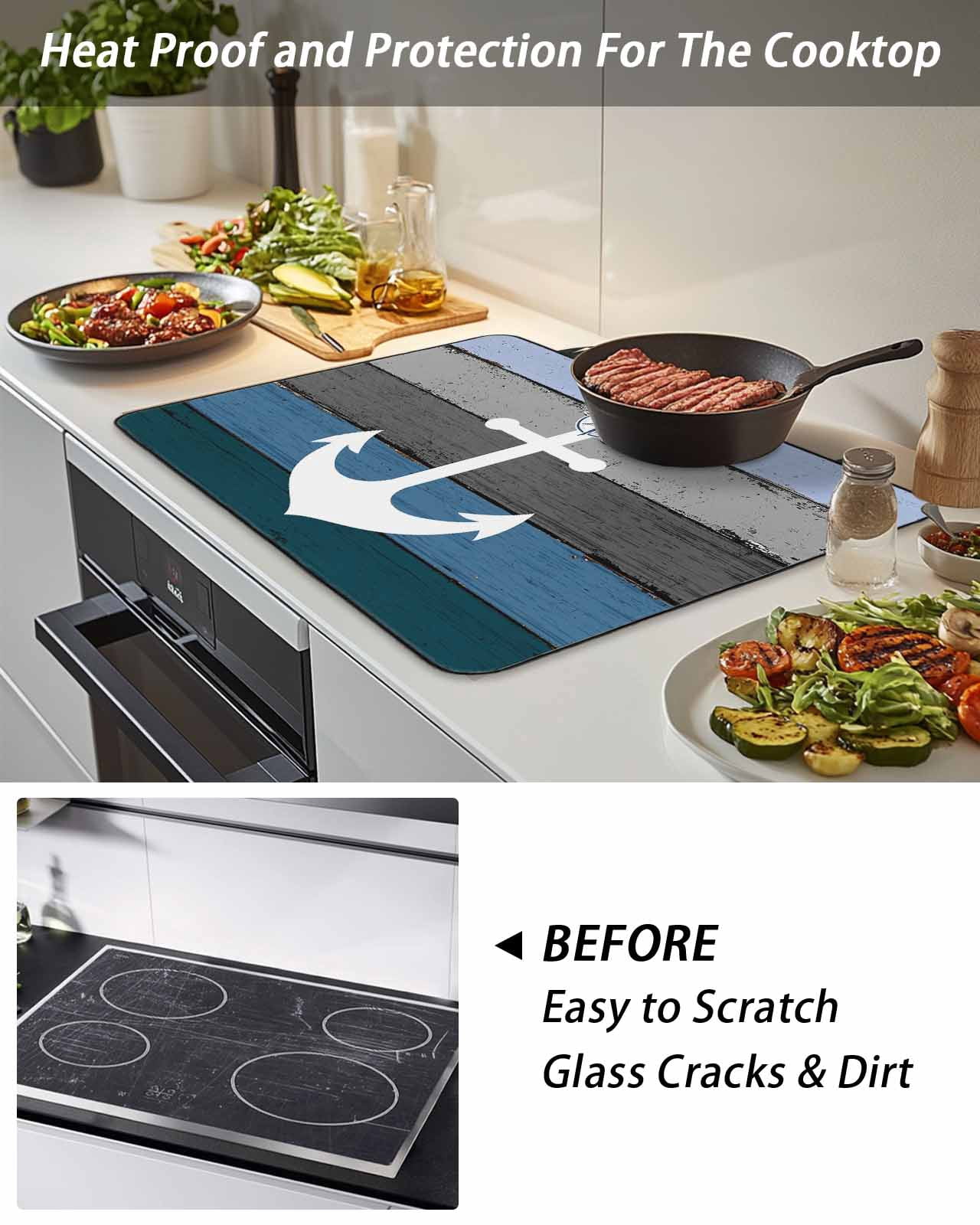 Stove Top Covers for Electric Stove, Blue Nautical Anchor Glass Stovetop Cover Protector, Rustic Distressed Wood Grain Induction Cooktop Protector Oven Mat for Kitchen Countertop 24"x21"