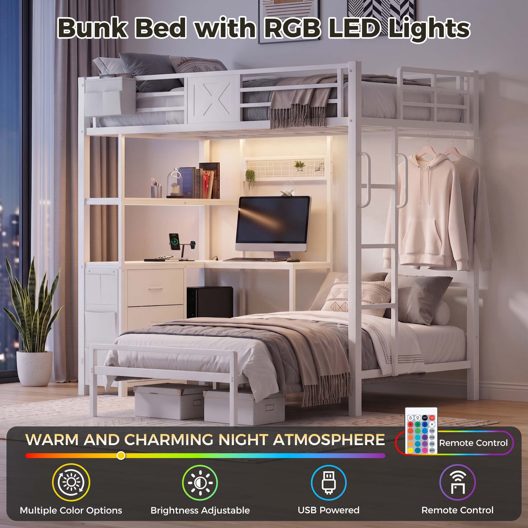 Miniyam Twin XL Over Twin Metal Bunk Bed with L-Shaped Desk, Storage, RGB LED Light and Charging Station, White