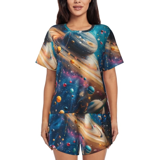 Fotbe Colorful Planet Universe Conjunto de Pijama Estampado para Mujer, 2 Piezas, Ropa de Dormir con Camiseta de Manga Corta y Shorts Suaves-XX-Large