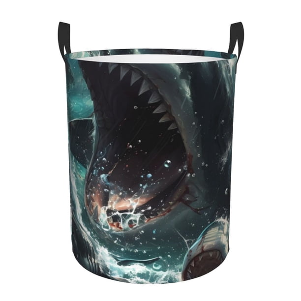 Fotbe Wave Ocean Animal Shark Cesto de Ropa con Asas, Cesto Impermeable de Gran Capacidad, Bolsa de Lavado para Dormitorio, Cesto de Ropa con Ruedas y Asas-Small