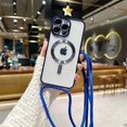 thumbnail image 1 of Funda magnética transparente con cordón cruzado para iPhone 16, 15, 14, 13, 12, 11 Pro Max Plus, funda trasera galvanizada de TPU suave Magsafe Navy Blue For iphone 11, 1 of 6