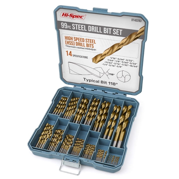 Juego de brocas Hi-Spec de 99 piezas de acero SAE HSS para taladros - Brocas de tamaño de 1/16 a 3/8" para metal, plástico, madera, paneles de yeso - Kit completo de brocas en estuche de almacenamient