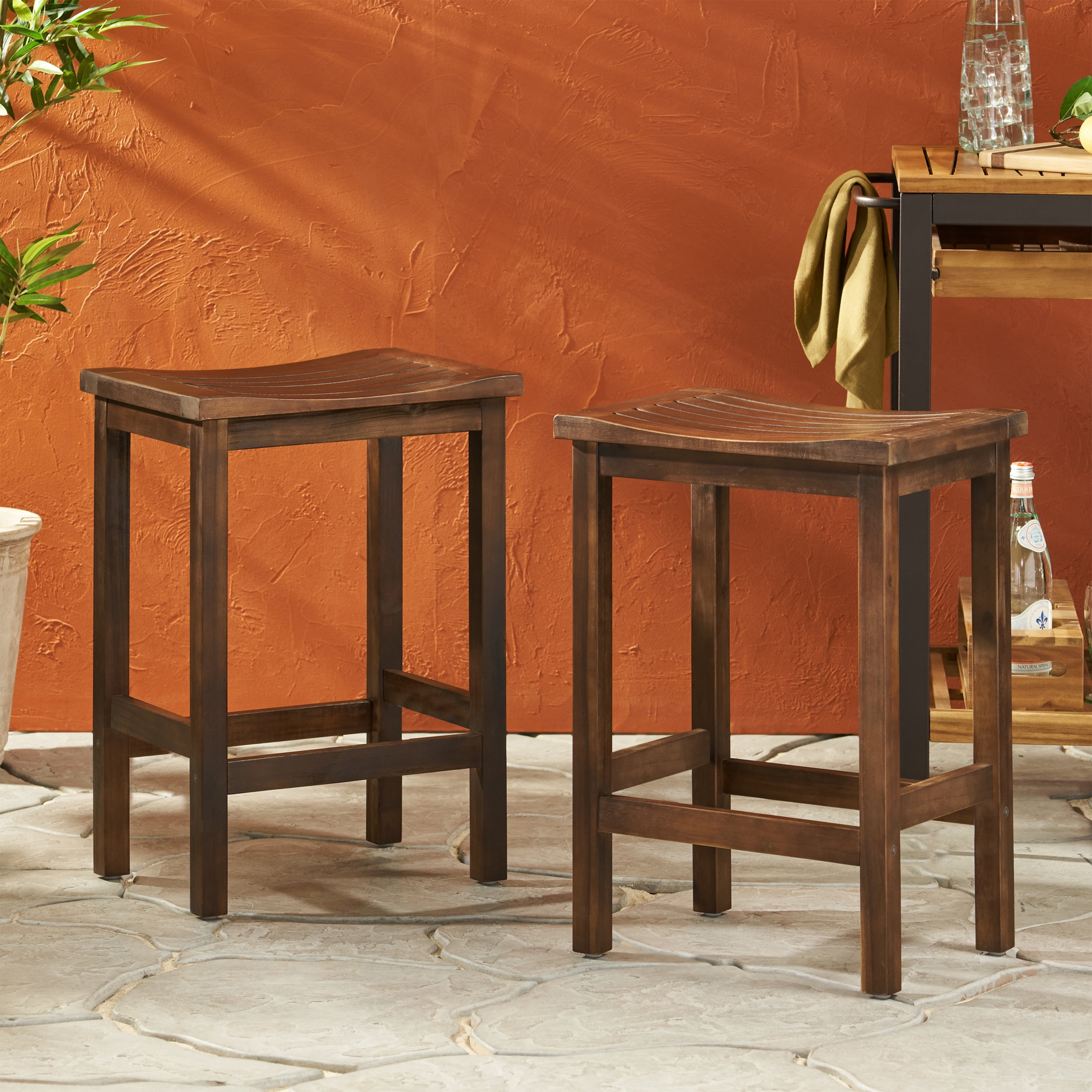 Counter Height Barstool Set of 2, Outdoor Acacia Wood Stool for Patio Bar Kitchen, Mahogany Brown Finish