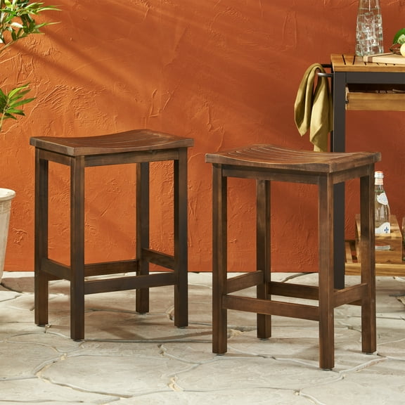 Acacia Wood Counter Height Barstool, Set of 2, Mahogany Brown Finish Outdoor/Indoor Backless Stool
