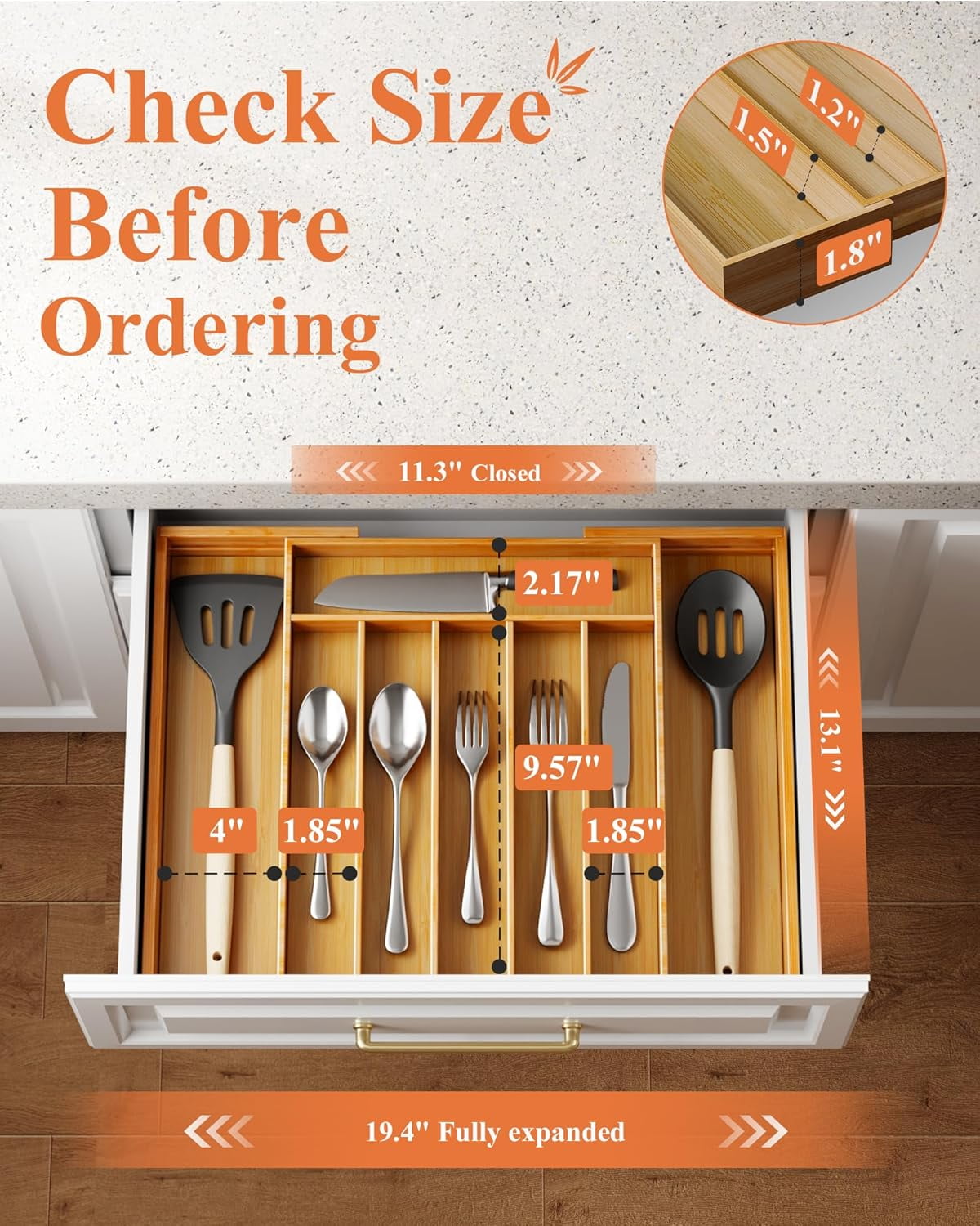 Large Bamboo Silverware Organizer - Expandable Drawer Organizer for Utensil, Cutlery and Flatware, Kitchen Storage Solution with 6 to 8 Slots, Natural, 19.4" × 13.1" × 1.8"