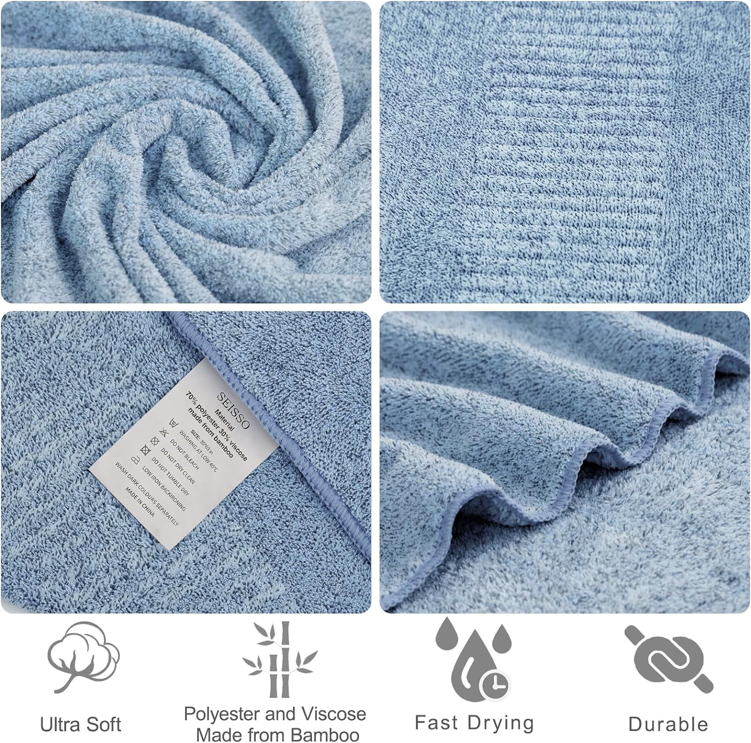 DEWEL Bath Towel, Large Bathroom Towels 35x63 in, Super Absorbent Quick Drying Towels for Bathroom, Beach, Gym, Pool, 2 Count Light Blue
