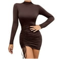 thumbnail image 2 of Women Dresses Plus Sexy Long Sleeved Solid High Collar Fashion Dresses Drawstring Fashion Dresses Brown Trendy Skirt Size L, 2 of 9