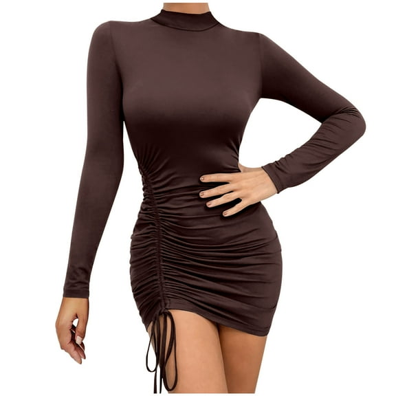 IROINNID Rollbacks Semi Formal Dress for Women Long Sleeve Bodycon Dress Solid Color Drawstring Waist Gift Dress Wrap Hip Round Neck Dress,Brown