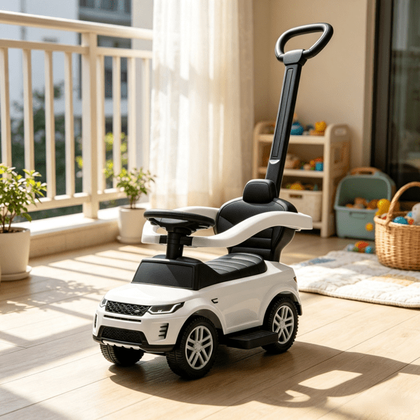 2-in-1 Baby Push Car & Ride-On, Push Handle with Safety Guardrail, White