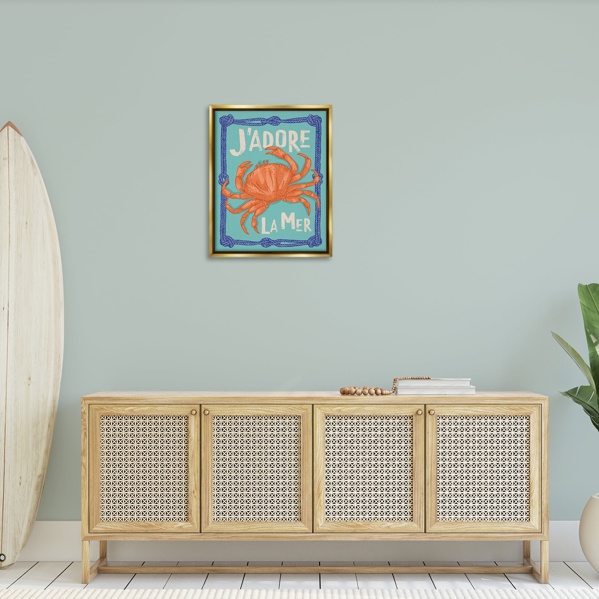 Stupell Industries J'adore La Mer Crab Animals Painting Gold Floater Framed Canvas Art Print Wall Art, 25 x 31