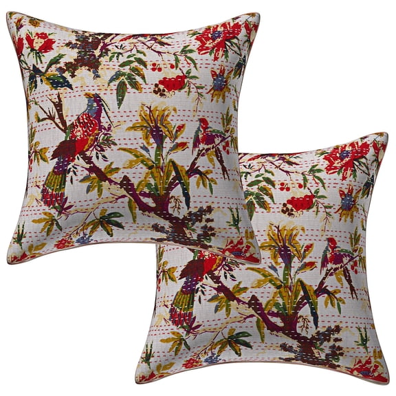 Stylo Culture Ethnic Chair Seat Throw Pillow Covers 16x16 Kantha White Printed 40 x 40 cm Bedroom Decor Pillowcase Cotton Bird Square Cushion Covers | Set Of 2