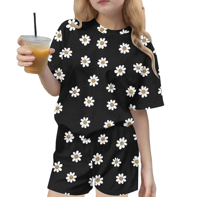 Robe d'Été avec Manches Ensemble Deux Pièces d'Été pour Enfants Imprimé Loisirs Col Rond Manches Courtes Haut et Shorts Ensemble Mignon d'Été pour Enfants