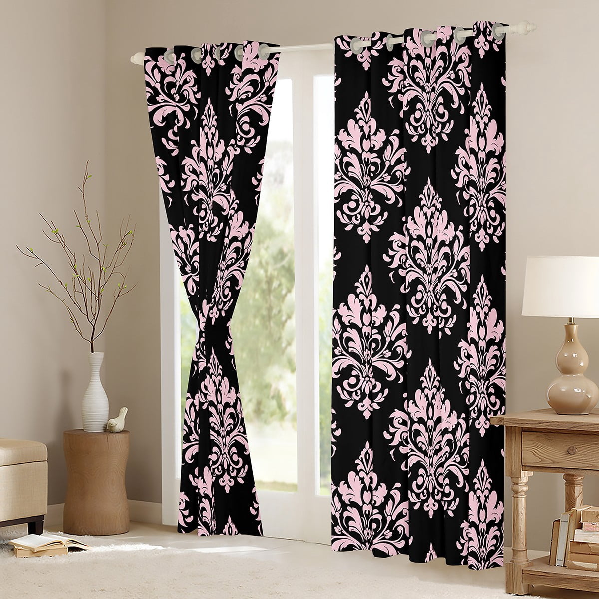 Erosebridal Gothic Floral Curtains Pack of 2(38x45),Pink Black Jacquard Black Out Curtains,Boho Bohemain Flower Curtains for Living Room,Lightweight Room Decor