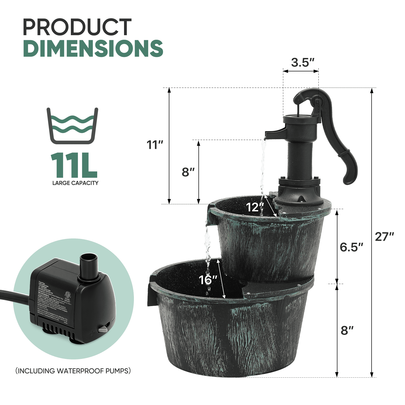 Magshion 27" 2-Tier Barrel & Pump Waterfall Fountain, Freestanding with Recirculating Pump, for Garden Patio Backyard, 11L, Green