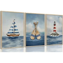 Hieng Blue Nautical Nursery Wall Art Vintage Sailboat Lighthouse Pictures Wall Decor Boy Coastal Posters Navy Sea Ocean Canvas Print Artwork for Kids Boys Room Playroom Bedroom Decor, Unframed