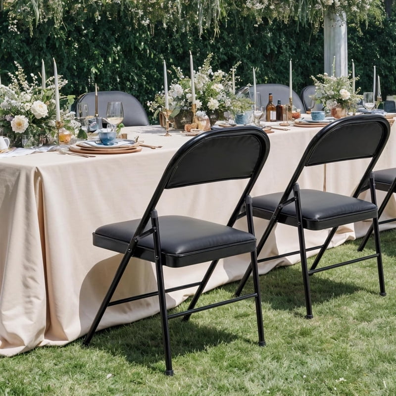 Kelno 2 Pack Folding Chair Leather Padded Seat Portable Chair, Black