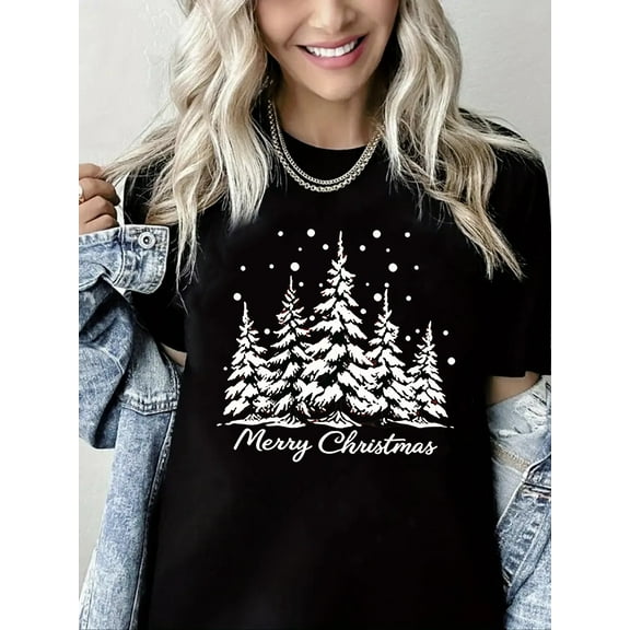 Merry Christmas Tshirt Christmas Tree Print Short Sleeve Shirt for Women