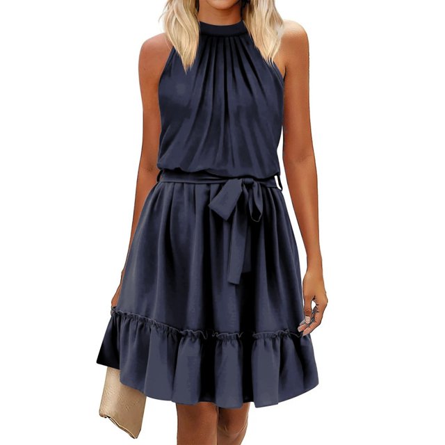 LYMAYTER Robe Mini d'Été à Col Licou Couleur Unie Sans Manches Ourlet à Volants Superposés Robes Courtes P-2TG