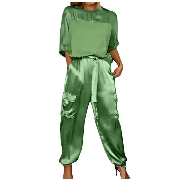 Conjunto de pijama de mujer con top de manga media y pantalones de satén suave - Poliéster spandex, estampado, para todas las estaciones - S-XXXXXL