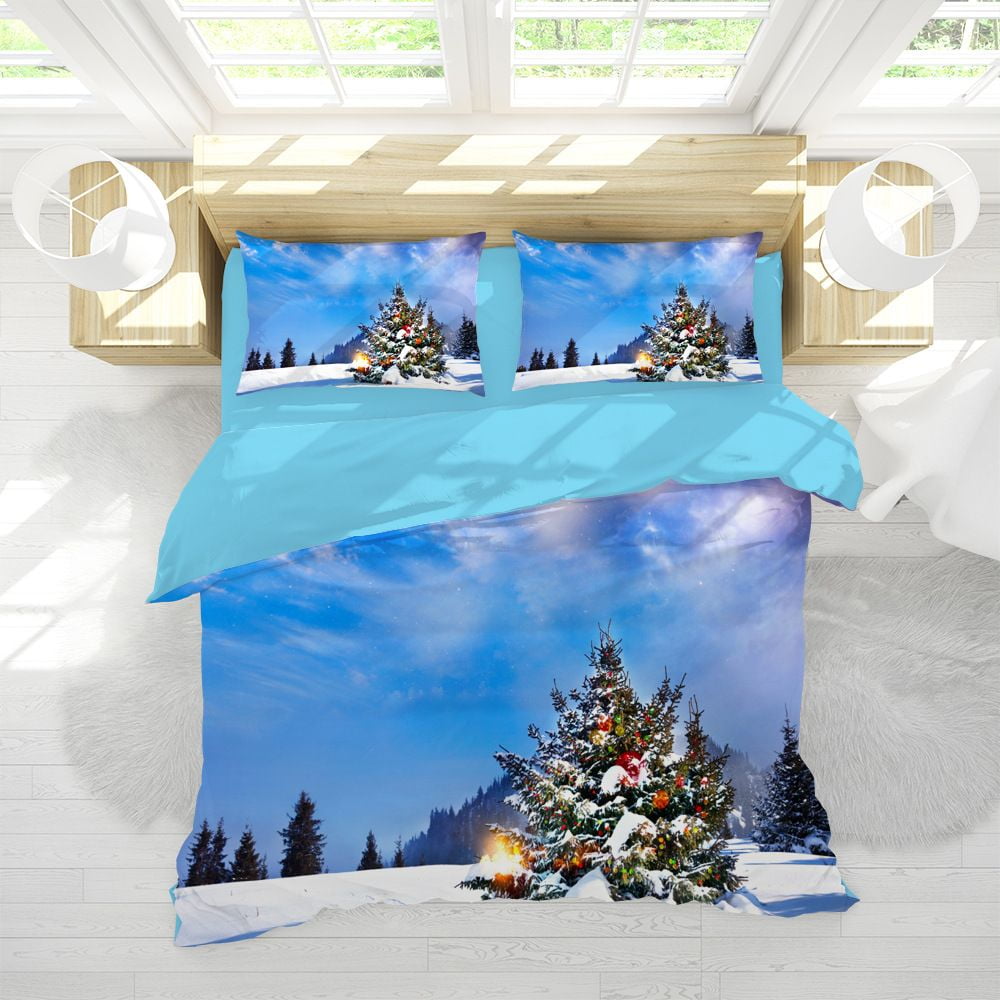 Christmas Duvet Cover Santa Claus Tree Reindeers Snowflake Print Bed