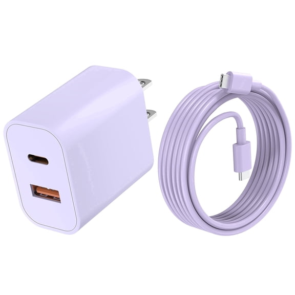 JcBlaon Wall Fast Charger Block 20W USB C Type C Dual Port Phone Charger 10 Ft Charging Adapter and Wall Charger Power Adapter Plug Compatible for iPhone Samsung Galaxy iPad AirPods & More, Purple
