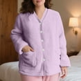 thumbnail image 4 of Women's Fleece Bed Jacket Soft Long Sleeve Button Front Fuzzy Jacket Pajama Tops Plush Sleepwear Winter Loungewear Coat with Pockets, 4 of 5