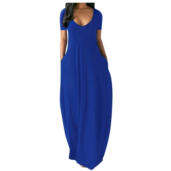 Lenago Women's Plus Size Deep V-Neck Standard-Fit Short Sleeve Solid Maxi Party Dress