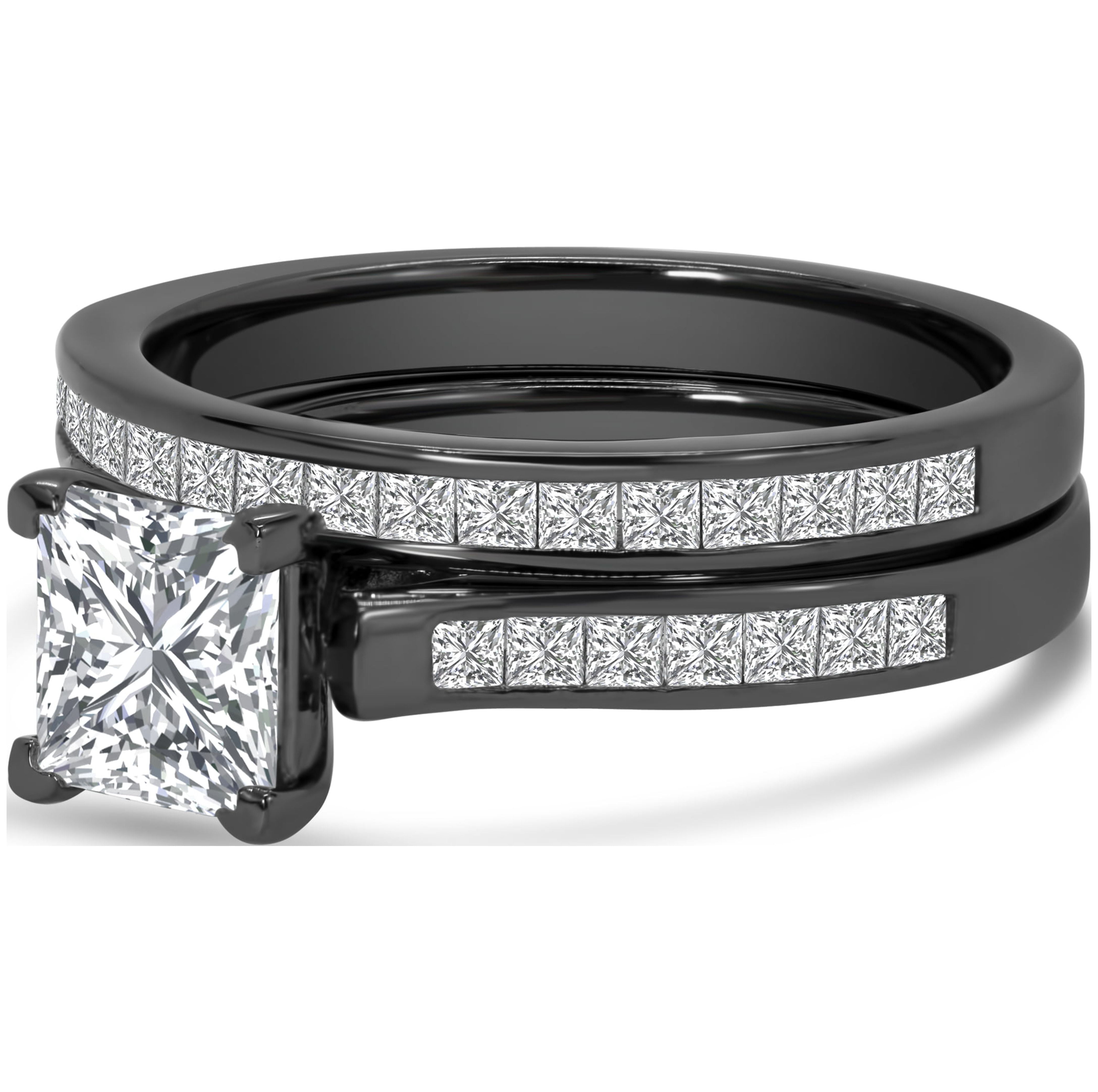 JeenMata 2 Carat Princess Cut Moissanite Wedding Set - Bridal Set - Channel Set Ring - Unique Ring - 18k Black Gold Over Silver