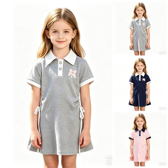 Girls Collar Short Sleeve Dress Kids Casual School Uniform Dress Cute Embroidered A Line Dress with Side Drawstring Adjustable Waist Comfortable Soft Breathable Daily Wear Back to School Outfit