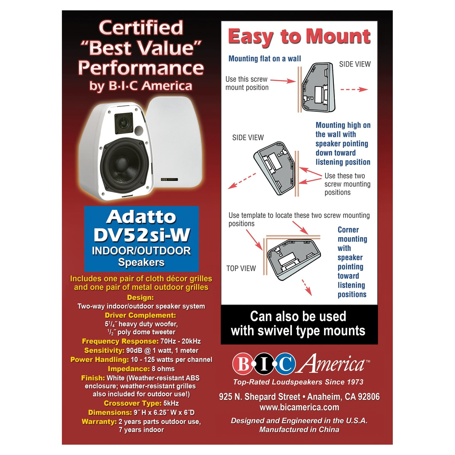 Bic America Adatto DV52SIW 5.25" Adatto Indoor/Outdoor Speakers (White)